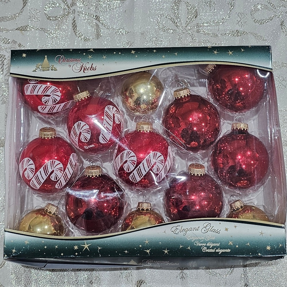 VTG Christmas by Krebs 13 Glass Christmas Tree Ornaments Candy Cane, Red, & Gold